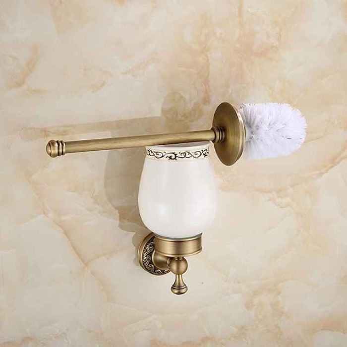 Toilet Brush with Holder,Antique Brass Ceramics  Wall Mounted Rubber Painted Toilet Bowl Brush and Holder for Bathroom