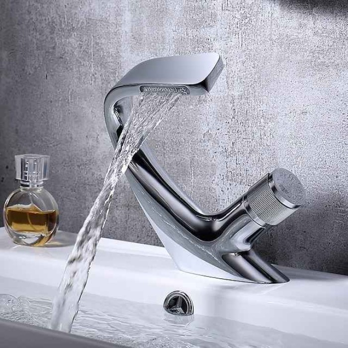 Bathroom Sink Faucet, Brass Waterfall Mixer Basin Taps Chrome Finish Single Handle One Hole Bath Tap with Hot and Cold Hose