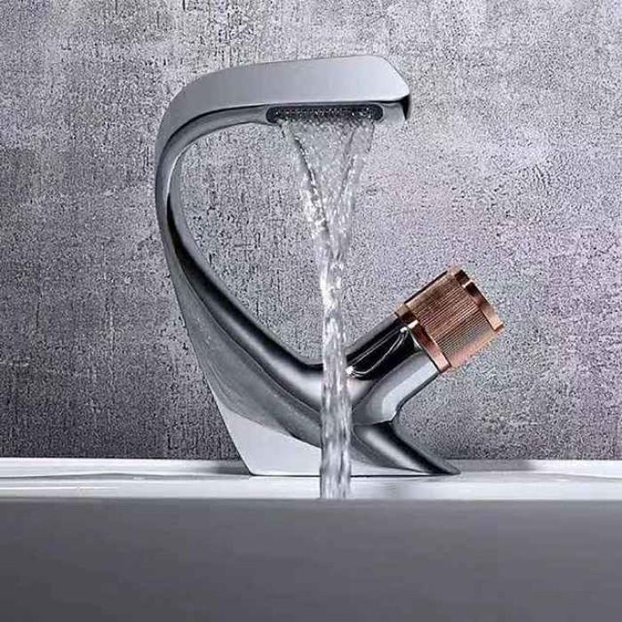 Bathroom Sink Faucet, Brass Waterfall Mixer Basin Taps Chrome Finish Single Handle One Hole Bath Tap with Hot and Cold Hose