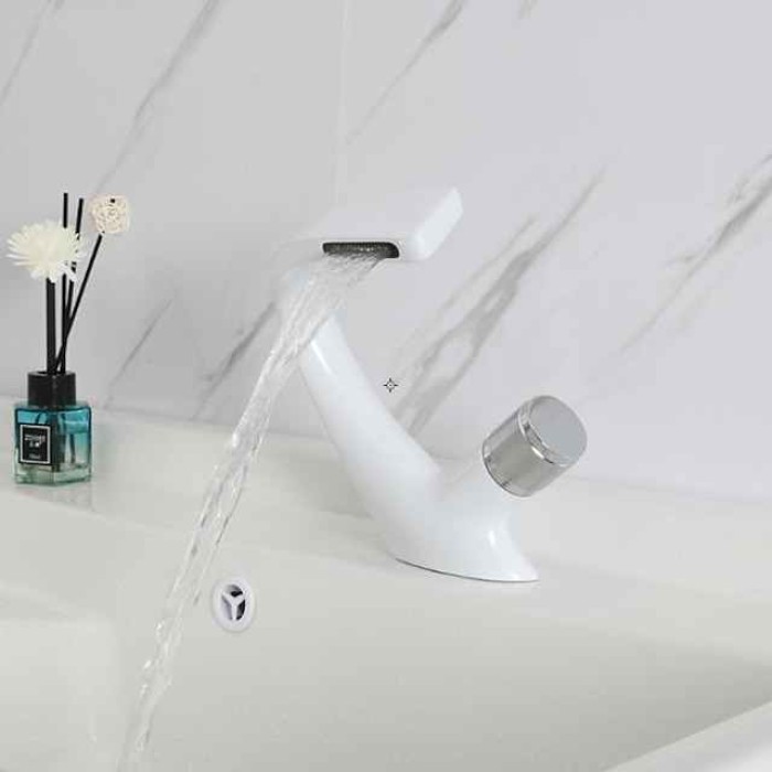 Bathroom Sink Faucet, Brass Waterfall Mixer Basin Taps Chrome Finish Single Handle One Hole Bath Tap with Hot and Cold Hose