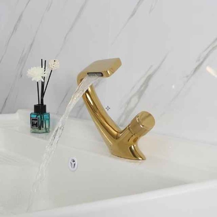 Bathroom Sink Faucet, Brass Waterfall Mixer Basin Taps Chrome Finish Single Handle One Hole Bath Tap with Hot and Cold Hose