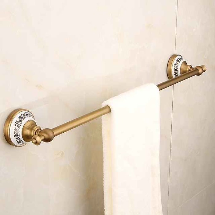 Multifunction Towel Bar Antique Brass and Ceramic Printing Bathroom Shelf Single Rod Wall Mounted Electroplated