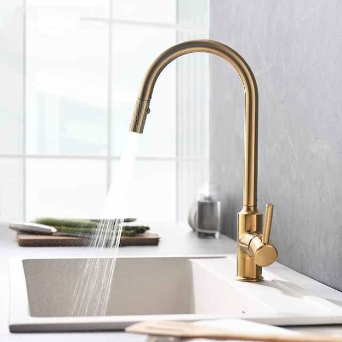 Kitchen Sink Mixer Faucet Pull Out, 360 swivel Single Lever Handle Brushed Solid Brass Taps Cold Hot Hose, One Hole with Pull Down Sprayer Black Gold Faucets