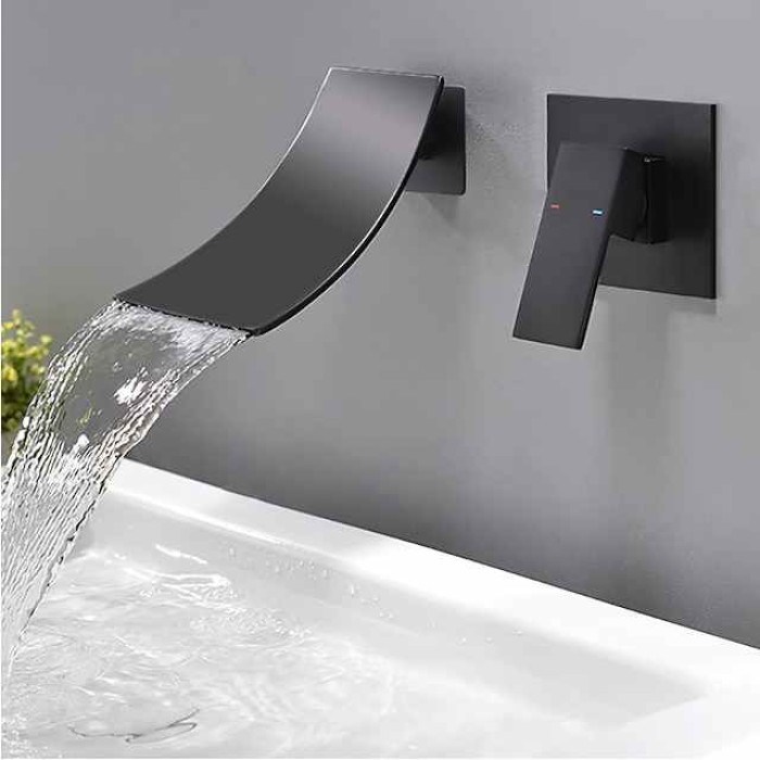 Wall Mount Bathroom Sink Mixer Faucet Matte Black, Concealed Washroom Basin Taps Waterfall Spout Single Handle 2 Hole,  Rough in Valve Mixer Bathtub Taps