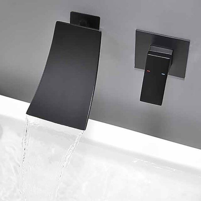 Wall Mount Bathroom Sink Mixer Faucet Matte Black, Concealed Washroom Basin Taps Waterfall Spout Single Handle 2 Hole,  Rough in Valve Mixer Bathtub Taps