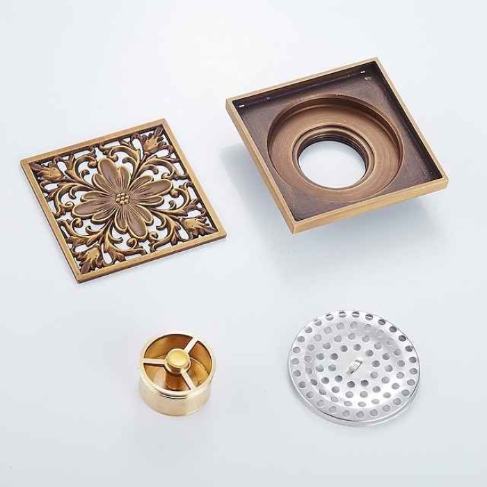 4 inch Shower Floor Drain Square Traditional 100 x 100mm, Antique Brass Removable Brass Bathroom Drain Sanitation Insert Grate, Hair Catcher Strainer