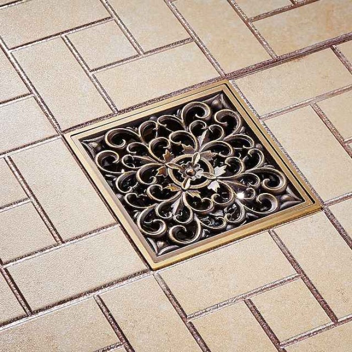 10cm Brass Bathroom Floor Drain, Art Carved Flower Pattern Square Shower Sink Drain Strainer Cover Grate Drain with Removable Cover for Hotel Home