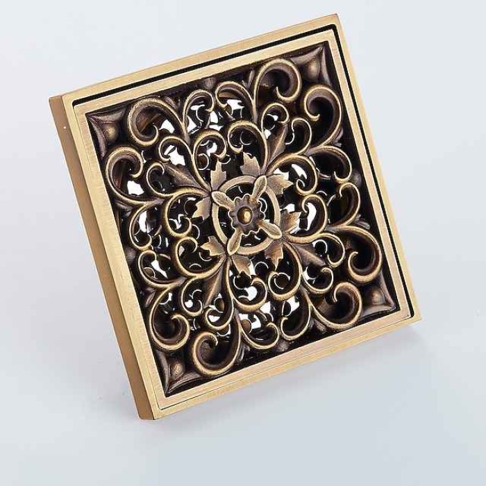 10cm Brass Bathroom Floor Drain, Art Carved Flower Pattern Square Shower Sink Drain Strainer Cover Grate Drain with Removable Cover for Hotel Home