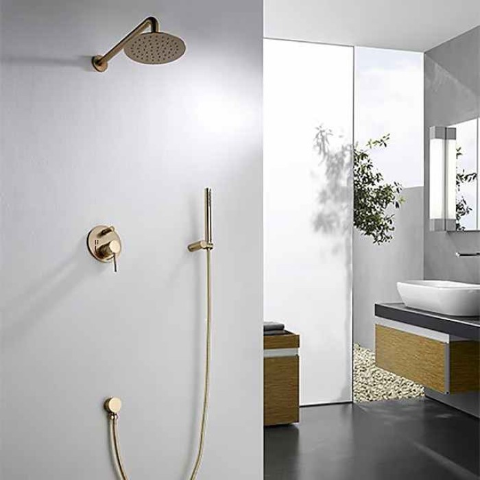 Round Golden Shower System Faucet Set Rainfall Shower Head 8 inch,  Rough In Valve and Trim Kit Combo Kit, High Pressure Heldhead Wall Mounted for Bath Bathroom