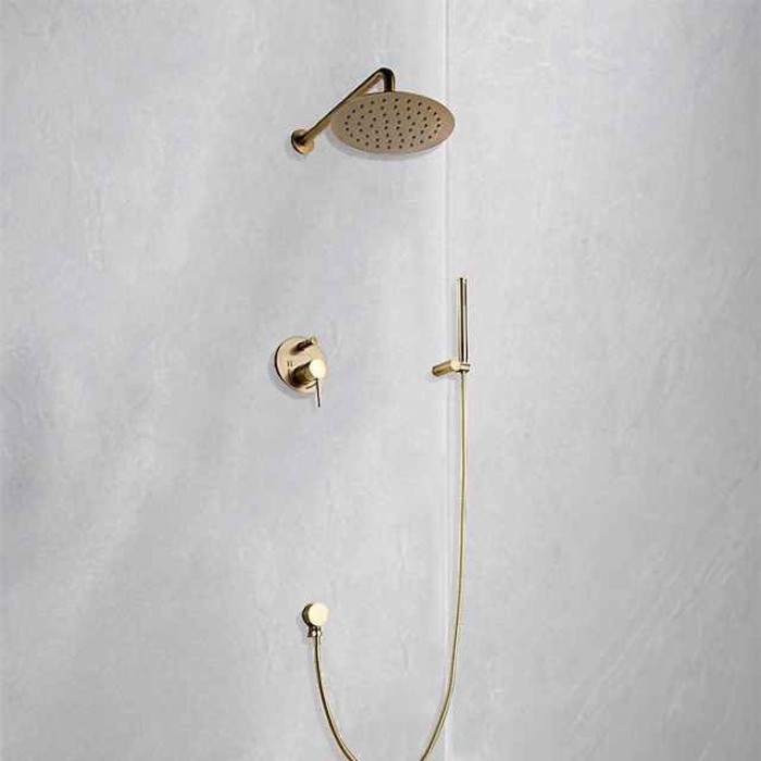 Round Golden Shower System Faucet Set Rainfall Shower Head 8 inch,  Rough In Valve and Trim Kit Combo Kit, High Pressure Heldhead Wall Mounted for Bath Bathroom