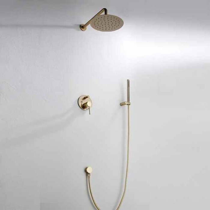 Round Golden Shower System Faucet Set Rainfall Shower Head 8 inch,  Rough In Valve and Trim Kit Combo Kit, High Pressure Heldhead Wall Mounted for Bath Bathroom