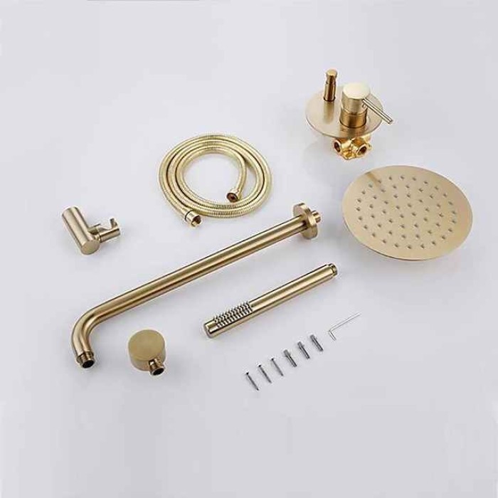 Round Golden Shower System Faucet Set Rainfall Shower Head 8 inch,  Rough In Valve and Trim Kit Combo Kit, High Pressure Heldhead Wall Mounted for Bath Bathroom