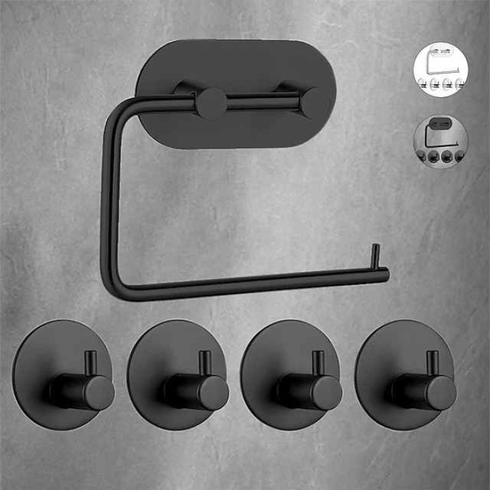 Self Adhesive Toilet Paper Holder and 4pcs Robe Hooks Stainless Steel Contemporary Bathroom Accessory Set Wall Mounted