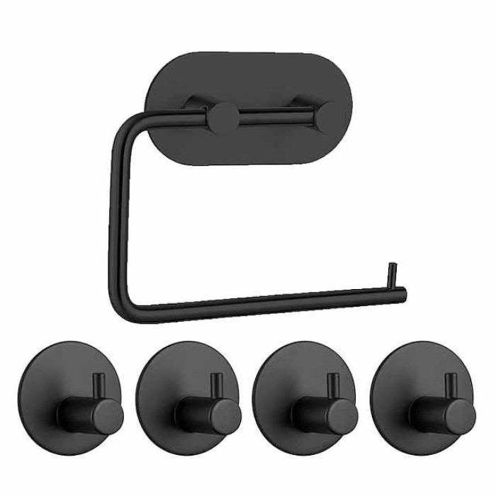 Self Adhesive Toilet Paper Holder and 4pcs Robe Hooks Stainless Steel Contemporary Bathroom Accessory Set Wall Mounted