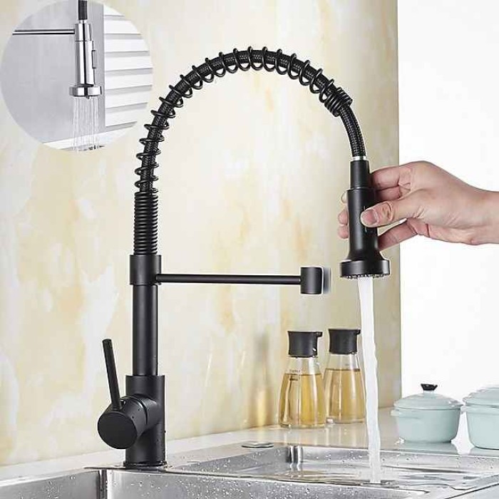 Kitchen Sink Mixer Faucet with Pull Down Sprayer, 360 swivel High Arc Single Handle Spring Kitchen Taps Deck Mounted, One Hole Brass Kitchen Sink Faucet Centerset Water Taps