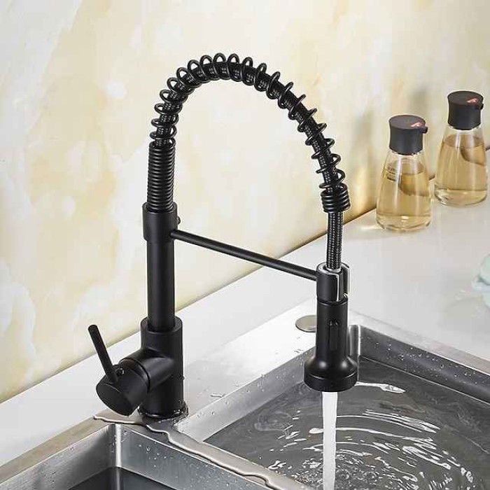 Kitchen Sink Mixer Faucet with Pull Down Sprayer, 360 swivel High Arc Single Handle Spring Kitchen Taps Deck Mounted, One Hole Brass Kitchen Sink Faucet Centerset Water Taps