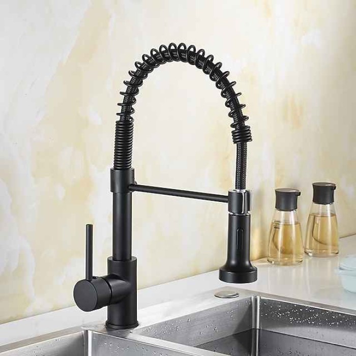 Kitchen Sink Mixer Faucet with Pull Down Sprayer, 360 swivel High Arc Single Handle Spring Kitchen Taps Deck Mounted, One Hole Brass Kitchen Sink Faucet Centerset Water Taps