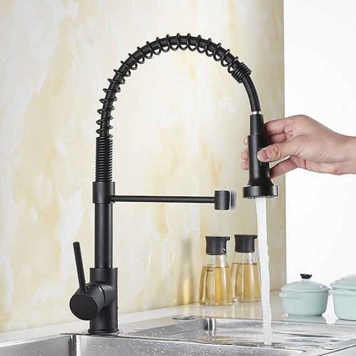 Kitchen Sink Mixer Faucet with Pull Down Sprayer, 360 swivel High Arc Single Handle Spring Kitchen Taps Deck Mounted, One Hole Brass Kitchen Sink Faucet Centerset Water Taps