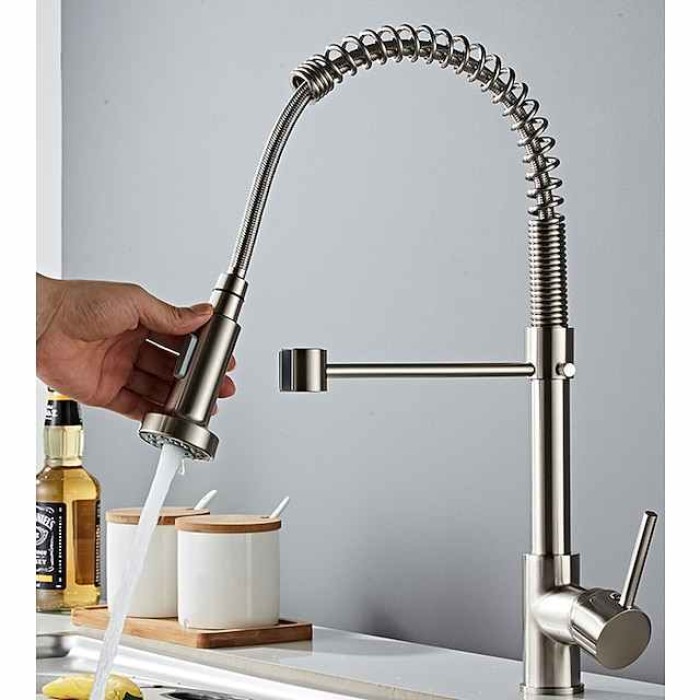 Kitchen Sink Mixer Faucet with Pull Down Sprayer, 360 swivel High Arc Single Handle Spring Kitchen Taps Deck Mounted, One Hole Brass Kitchen Sink Faucet Centerset Water Taps