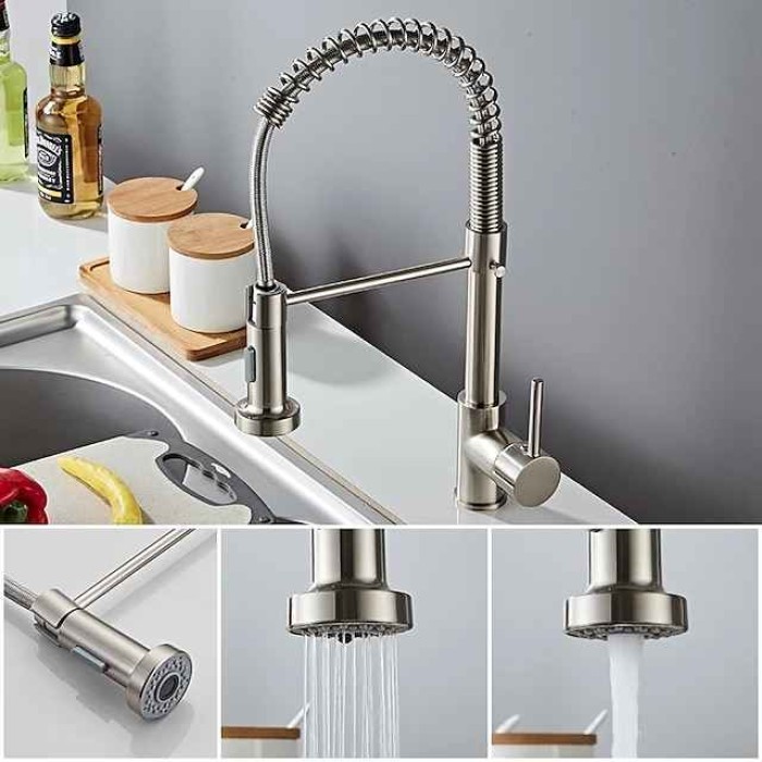 Kitchen Sink Mixer Faucet with Pull Down Sprayer, 360 swivel High Arc Single Handle Spring Kitchen Taps Deck Mounted, One Hole Brass Kitchen Sink Faucet Centerset Water Taps