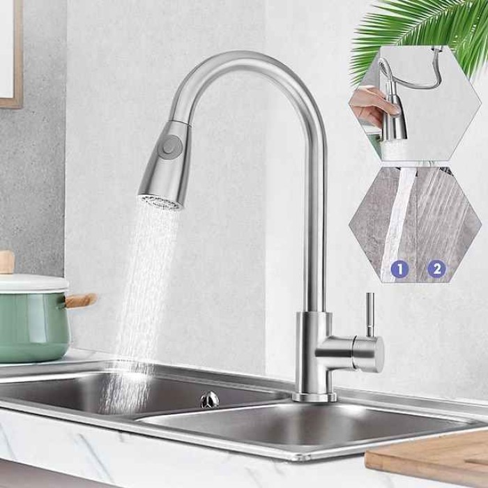 Kitchen Faucet with Pull-out Sprayer,Brushed Nickell Rotatable 304 Stainless Steel High Arc Single Handle One Hole Kitchen Taps