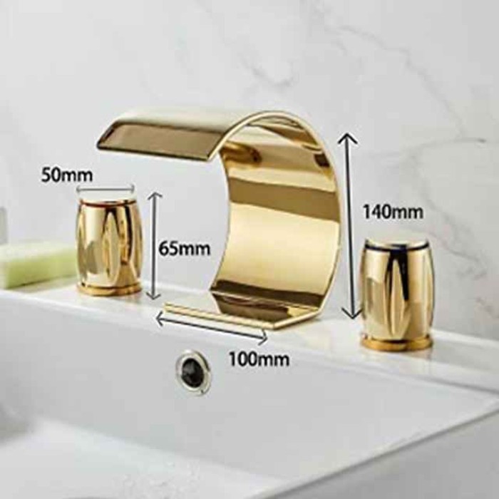 Widespread Bathroom Sink Mixer Faucet, Waterfall Arc Spout Brass 3 Hole 2 Handle Basin Tap Deck Mounted, Washroom Basin Vessel Water Tap with Hot and Cold Hose