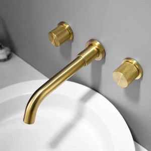 Bathroom Sink Faucet,Brass Wall Mounted Double Handles Brushed Luxury Design Brushed Gold Finish Widespread Washroom Faucet with Hot and Cold Switch