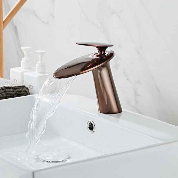 Bathroom Sink Faucet, Brass Waterfall Single Handle One Hole Modern Style Bath Taps with Hot and Cold Water