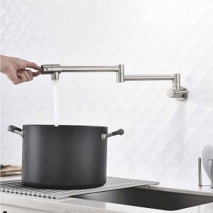 Pot Filler Kitchen Faucet Brushed Nickel, Foldable Sink Only Cold Water Taps, Wall Mount Brass Folding Fill Pot Kitchen Tap Double Joint Swing Arm Single Hole 2 Handle