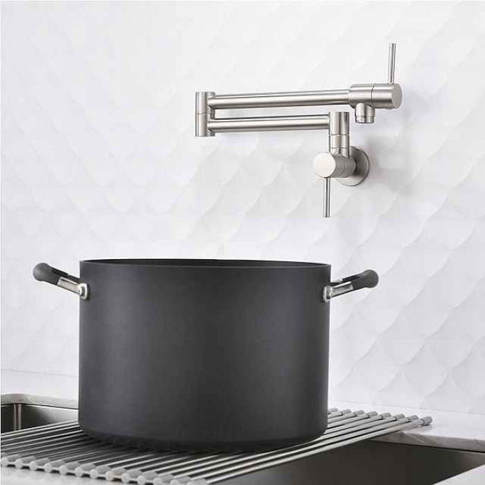 Pot Filler Kitchen Faucet Brushed Nickel, Foldable Sink Only Cold Water Taps, Wall Mount Brass Folding Fill Pot Kitchen Tap Double Joint Swing Arm Single Hole 2 Handle