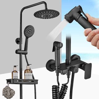 Shower System Faucet Combo Set with 8" Rain Showerhead, Multi-Function Hand Shower, Adjustable Slide Bar and Soap Dish Wall Mounted Ceramic Valve Bath Shower Mixer Taps