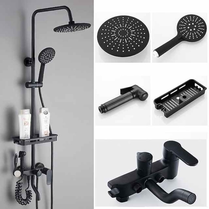 Shower System Faucet Combo Set with 8" Rain Showerhead, Multi-Function Hand Shower, Adjustable Slide Bar and Soap Dish Wall Mounted Ceramic Valve Bath Shower Mixer Taps