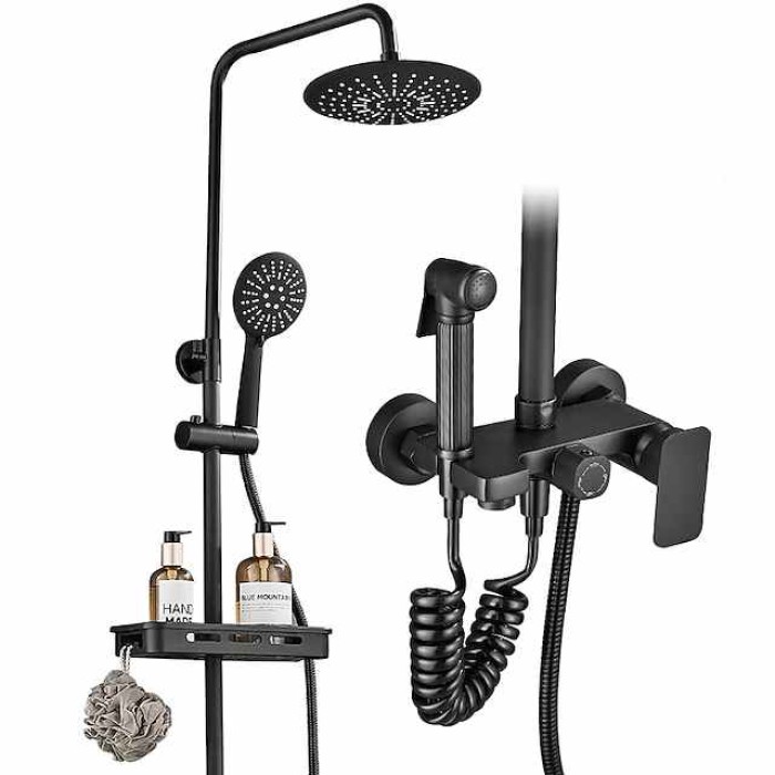 Shower System Faucet Combo Set with 8" Rain Showerhead, Multi-Function Hand Shower, Adjustable Slide Bar and Soap Dish Wall Mounted Ceramic Valve Bath Shower Mixer Taps