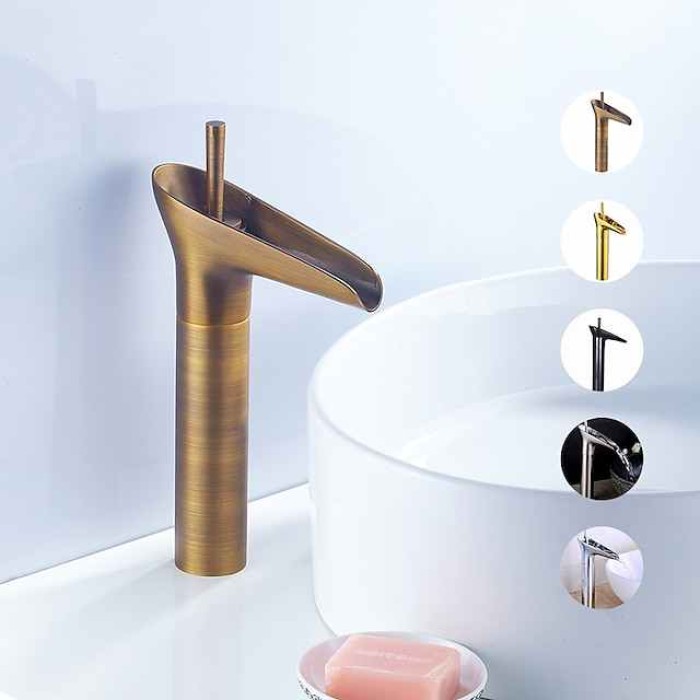 Antique Brass Bathroom Sink Faucet,Waterfall  Single Handle One Hole Bath Taps with Hot and Cold Switch and Ceramic Valve