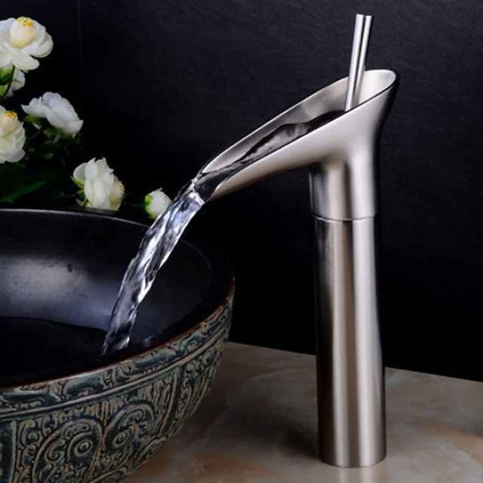 Antique Brass Bathroom Sink Faucet,Waterfall  Single Handle One Hole Bath Taps with Hot and Cold Switch and Ceramic Valve