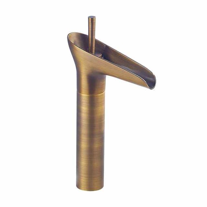 Antique Brass Bathroom Sink Faucet,Waterfall  Single Handle One Hole Bath Taps with Hot and Cold Switch and Ceramic Valve