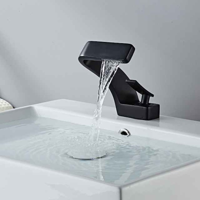 Bathroom Sink Faucet Single Handle One Hole Waterfall Mixer Basin Taps Brass, 7-shaped Bend Vessel Tap Chrome Brushed Black Gold