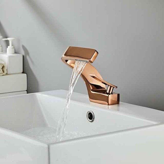 Bathroom Sink Faucet Single Handle One Hole Waterfall Mixer Basin Taps Brass, 7-shaped Bend Vessel Tap Chrome Brushed Black Gold