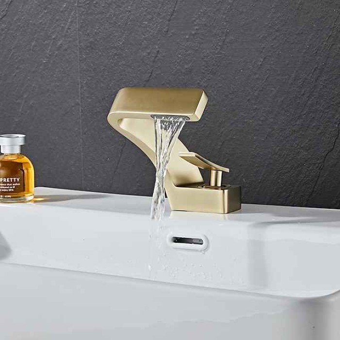 Bathroom Sink Faucet Single Handle One Hole Waterfall Mixer Basin Taps Brass, 7-shaped Bend Vessel Tap Chrome Brushed Black Gold