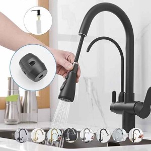 Kitchen Sink Mixer Faucet Pull Out Sprayer with Soap Dispenser, 360 swivel Black Single Handle Brass Taps Pull Down, Deck Mounted Hot Cold Water Hose Filter Tap