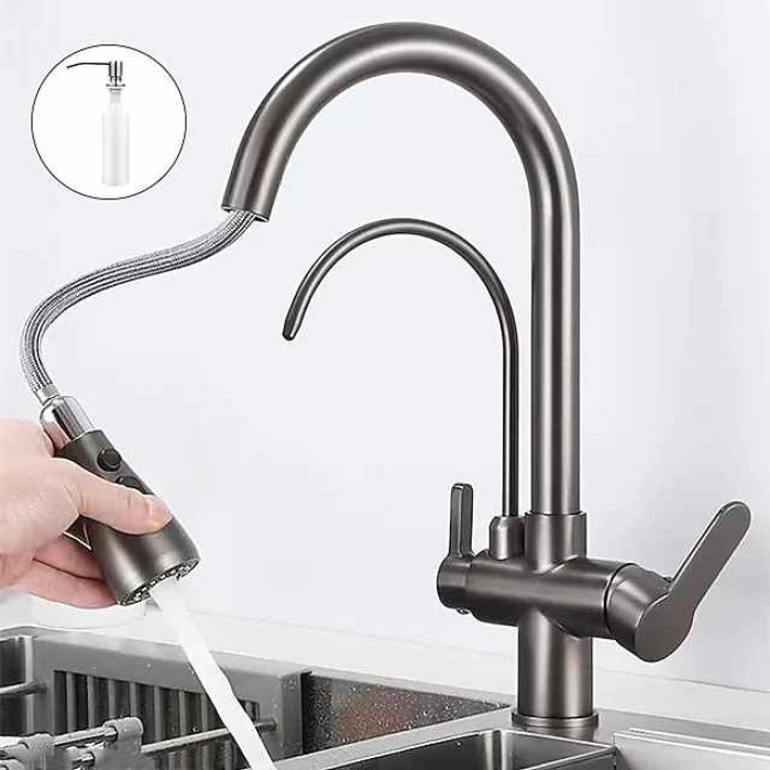 Kitchen Sink Mixer Faucet Pull Out Sprayer with Soap Dispenser, 360 swivel Black Single Handle Brass Taps Pull Down, Deck Mounted Hot Cold Water Hose Filter Tap