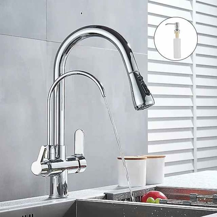 Kitchen Sink Mixer Faucet Pull Out Sprayer with Soap Dispenser, 360 swivel Black Single Handle Brass Taps Pull Down, Deck Mounted Hot Cold Water Hose Filter Tap