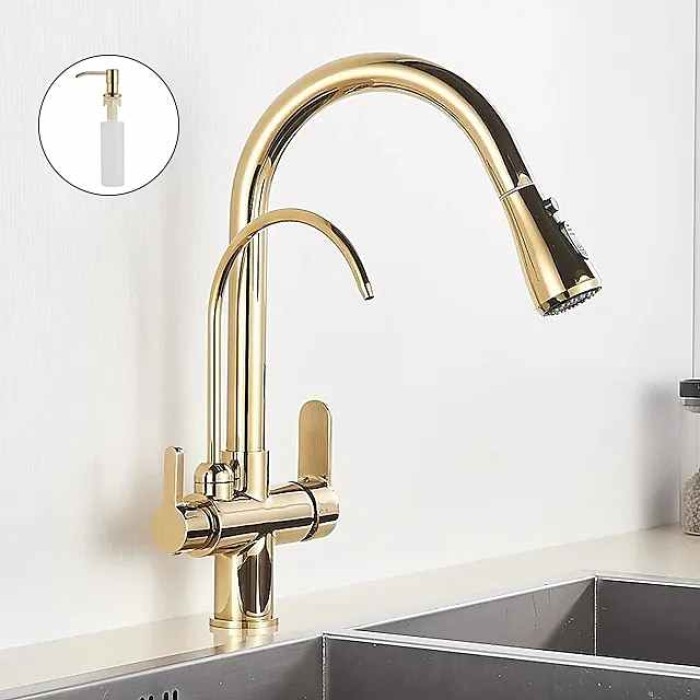 Kitchen Sink Mixer Faucet Pull Out Sprayer with Soap Dispenser, 360 swivel Black Single Handle Brass Taps Pull Down, Deck Mounted Hot Cold Water Hose Filter Tap