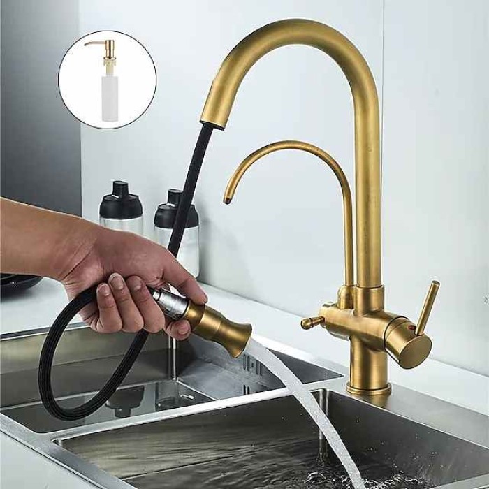 Kitchen Sink Mixer Faucet Pull Out Sprayer with Soap Dispenser, 360 swivel Black Single Handle Brass Taps Pull Down, Deck Mounted Hot Cold Water Hose Filter Tap