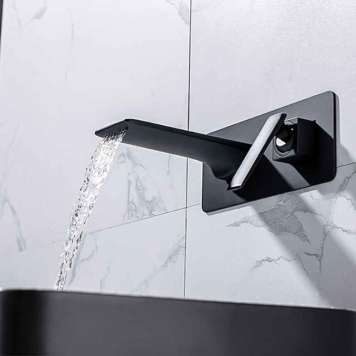 Brass Wall Mounted Bathroom Sink Faucet,Black/Silvery Waterfall Painted Finishes Bath Taps with Hot and Cold Switch