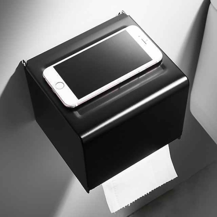 Black Toilet Paper Holder Space Aluminum Waterproof Tissue Box Punched Shelf Wall Mount Tissue Holder New Design