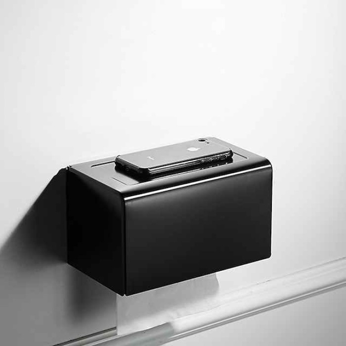 Black Toilet Paper Holder Space Aluminum Waterproof Tissue Box Punched Shelf Wall Mount Tissue Holder New Design