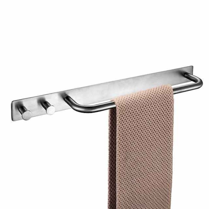 Bathroom Shelf with 2 Hooks Multifunctional Towel Bar Self-adhesive Wall Mounted Stainless Steel Silvery 1pc