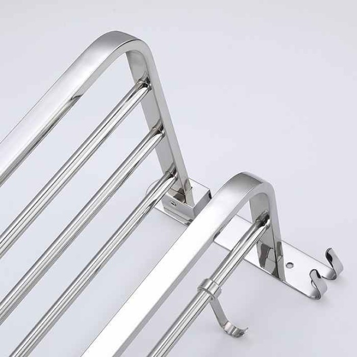 Multifunction Towel Rail Rack Holder Foldable Modern Stainless Steel Bathroom Shelf with Hooks Wall Mounted Silvery 1pc