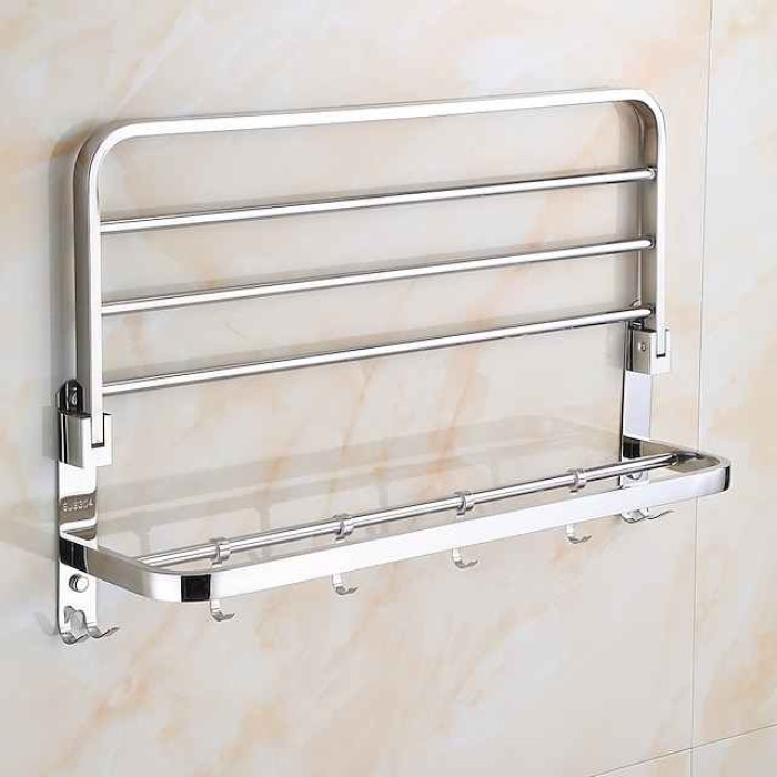 Multifunction Towel Rail Rack Holder Foldable Modern Stainless Steel Bathroom Shelf with Hooks Wall Mounted Silvery 1pc